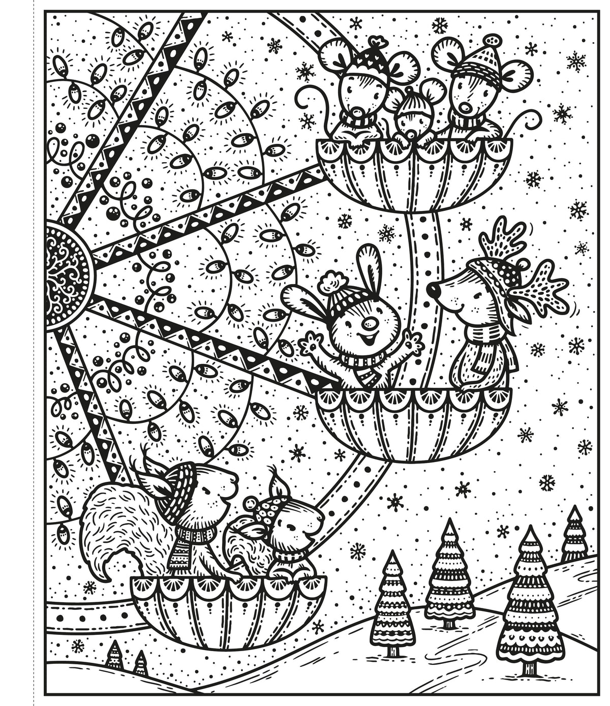 Black and white illustration of animals in hot air balloons with a snowy landscape.