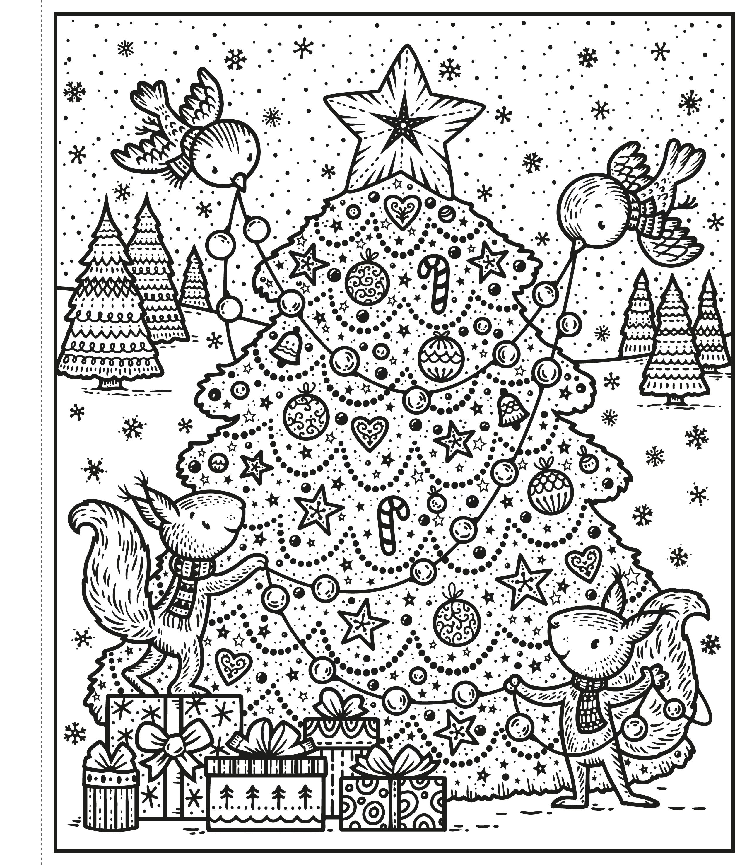 Black and white Christmas-themed illustration with a decorated tree, presents, and animals around it.