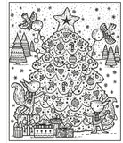 Black and white Christmas-themed illustration with a decorated tree, presents, and animals around it.