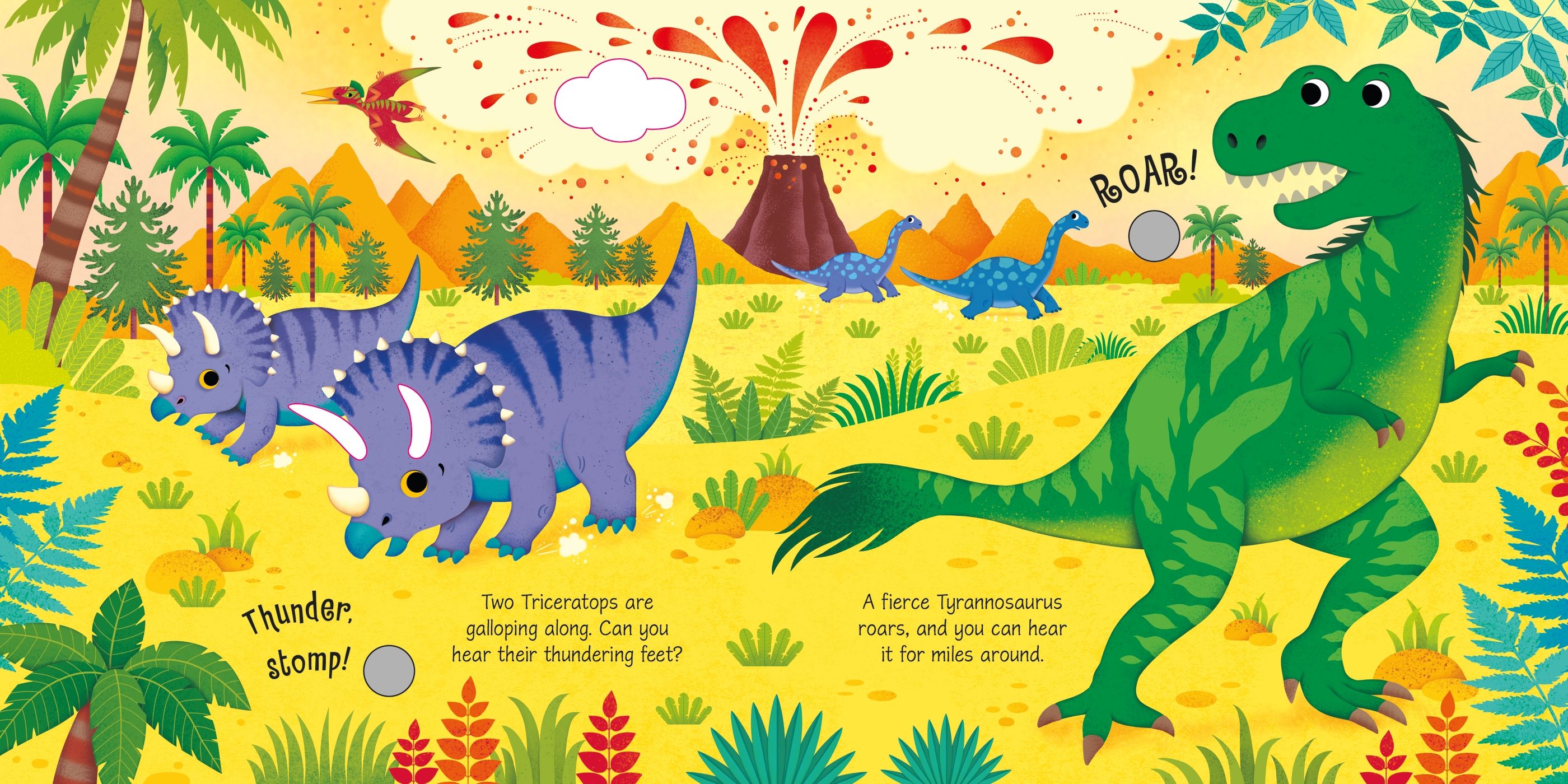 Illustration of dinosaurs in a prehistoric landscape with colorful elements.