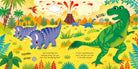 Illustration of dinosaurs in a prehistoric landscape with colorful elements.