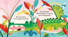 Colorful illustration of a dinosaur and crocodile with text in a children's book format.