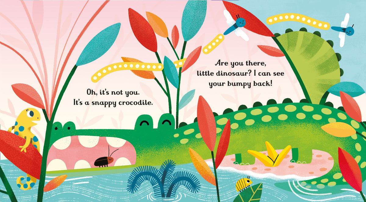 Colorful illustration of a dinosaur and crocodile with text in a children's book format.