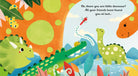Colorful children's book page with dinosaurs and a friendly message.