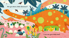 Illustration of a dinosaur in a colorful prehistoric scene with text.