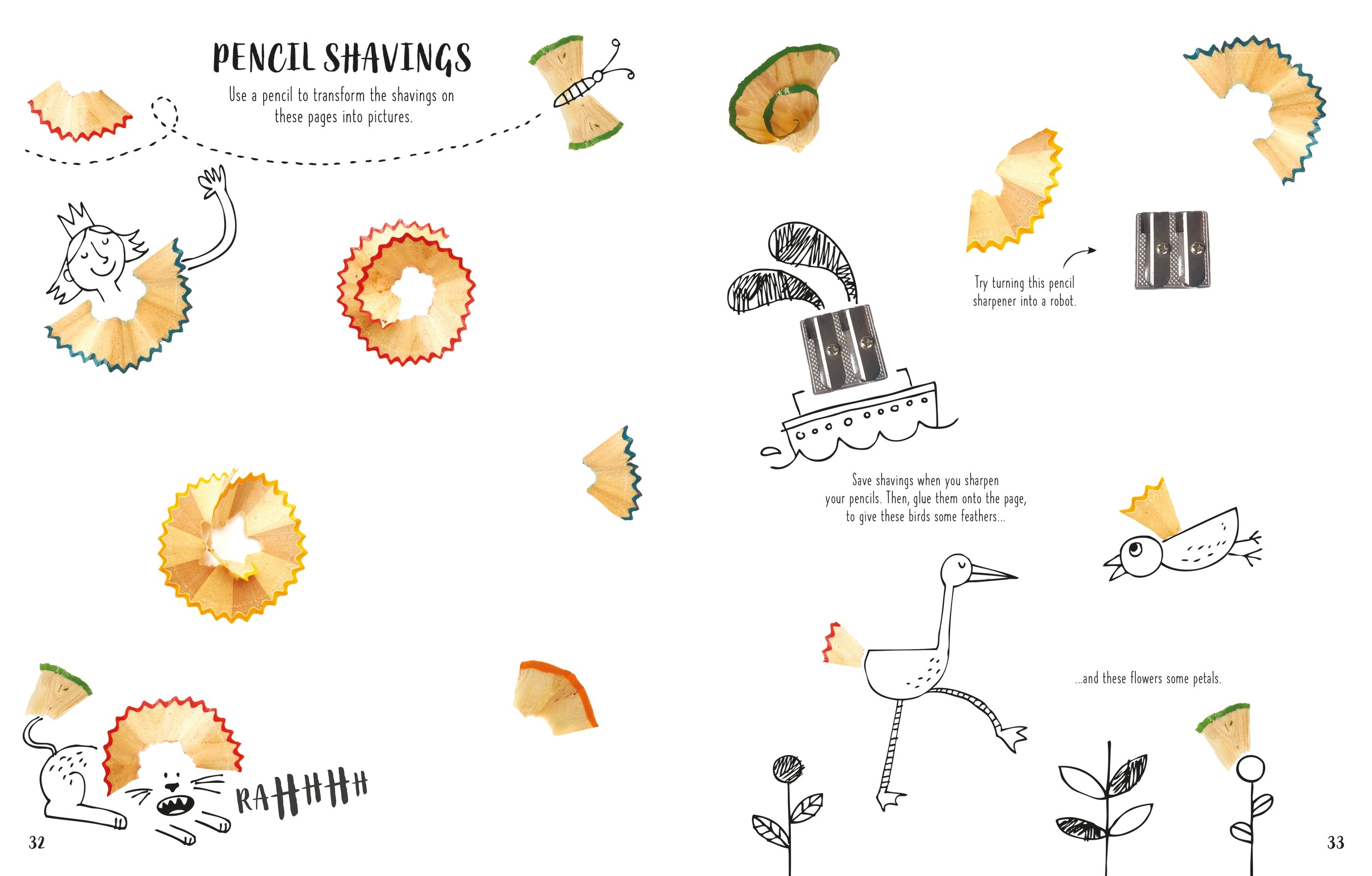 A two-page spread from a children's book or craft guide titled 'PENCIL SHAVINGS,' showing illustrated pencil shavings transformed into drawings of animals, flowers, and objects, with small photos of actual pencil shavings and a pencil sharpener.