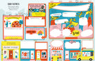 Illustrated children's book page with various activities and graphics.