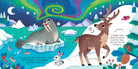 Illustration of a reindeer and walrus in a snowy landscape with Northern Lights.