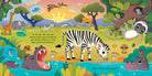 Illustrated children's book page with animals in a jungle setting