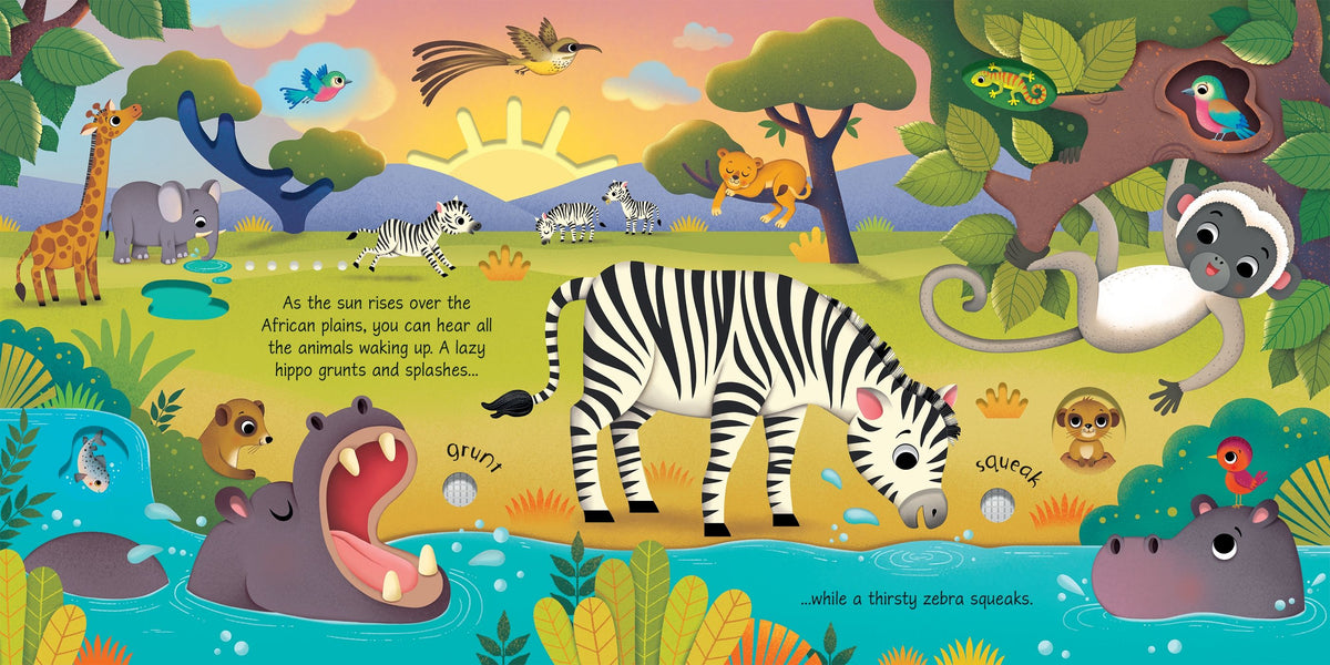 Illustrated children's book page with animals in a jungle setting