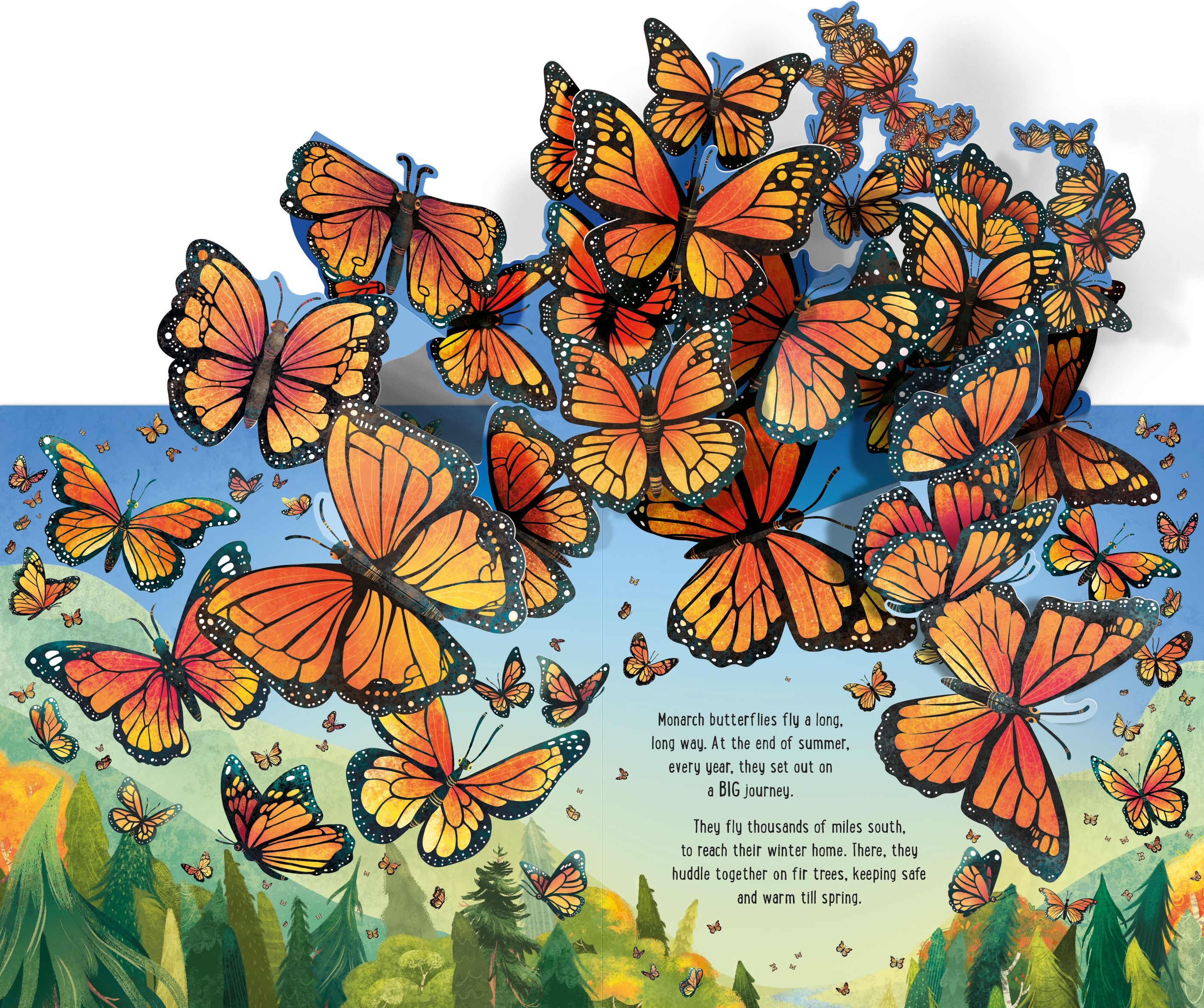 Illustration of orange and black butterflies with a scenic background
