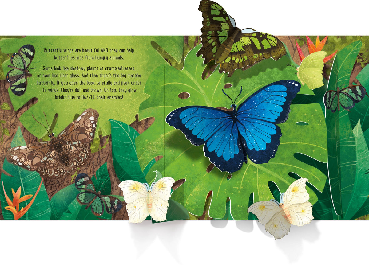 Illustration of butterflies on leaves with text about butterfly behavior.