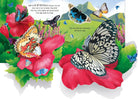 Illustration of butterflies on flowers with a mountainous background