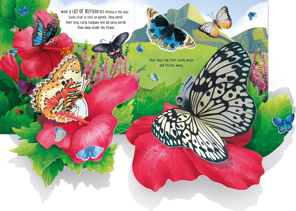 Illustration of butterflies on flowers with a mountainous background