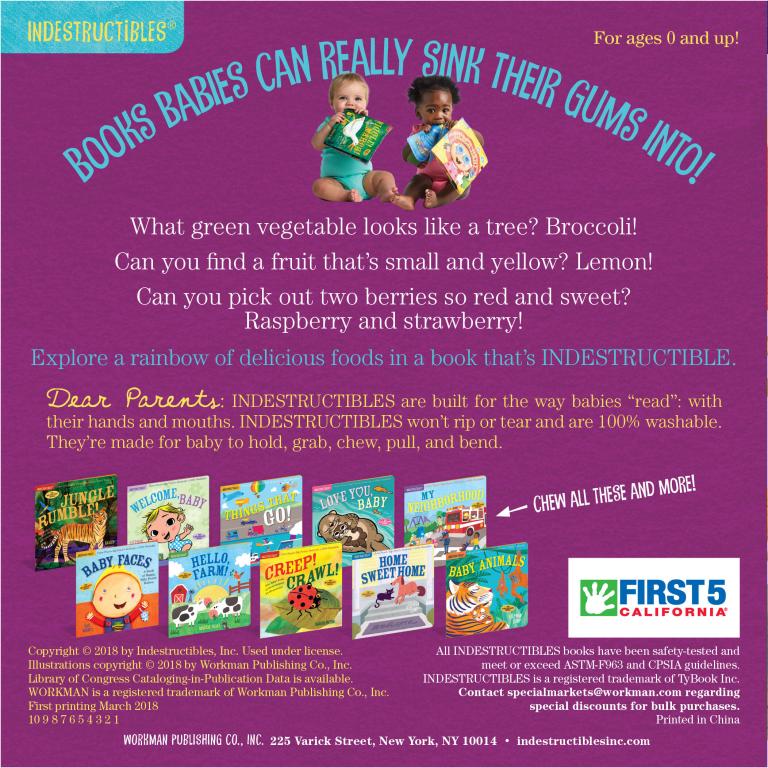 Promotional poster for the book series 'Indestructibles' by Workman Publishing Company, Inc. The poster features a purple background with playful text, illustrations of children holding colorful books, and a row of five illustrated books: 'The Vegetable Tree', 'Broccoli', 'Lemon', 'Red Berries', and 'Raspberry Stew'.