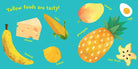 Illustration of yellow foods with labels on a blue background