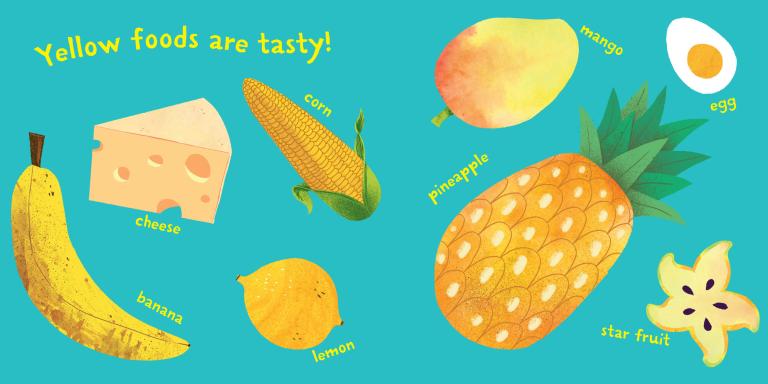 Illustration of yellow foods with labels on a blue background