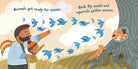 Illustration of a man and child watching birds fly south with animals gathering acorns.