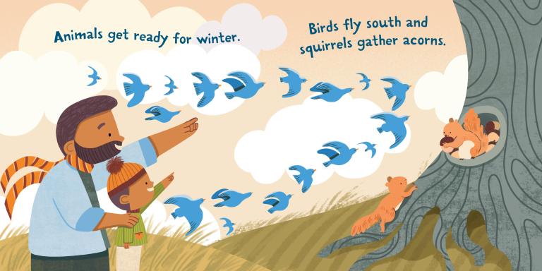 Illustration of a man and child watching birds fly south with animals gathering acorns.