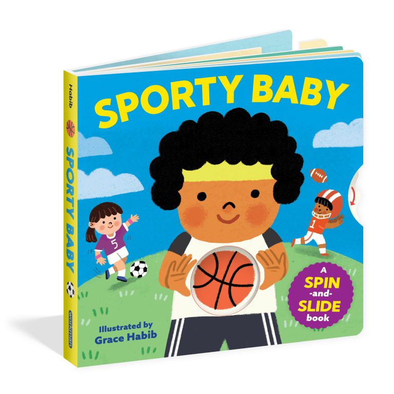 A children's hardboard activity book titled 'SPORTY BABY' by Grace Habib, featuring a colorful illustration of a boy holding a basketball with soccer and football players in the background. The book is shown standing upright at a slight angle against a clean white background.