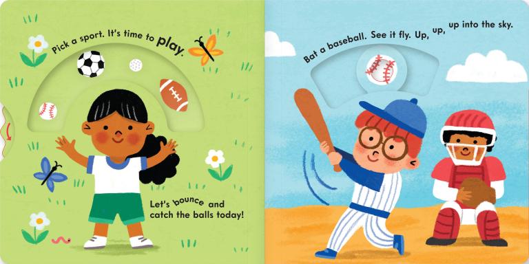 Children's book pages with sports-themed illustrations and text.