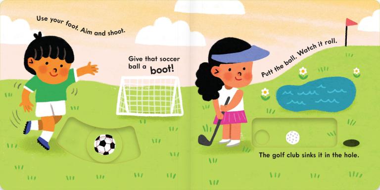 Illustration of children playing soccer and golf on a grassy field with text instructions.