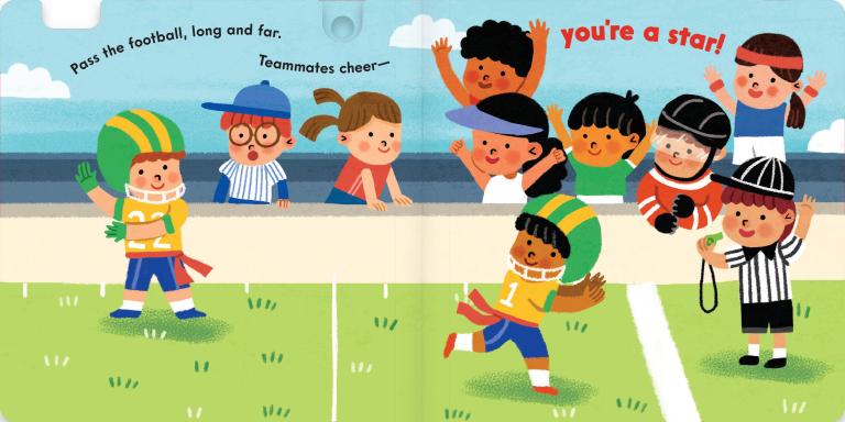 Illustrated children's book page with children playing football and text.