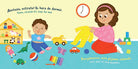 Children's book page with two children playing and a clock indicating bedtime.