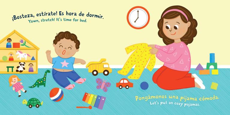 Children's book page with two children playing and a clock indicating bedtime.
