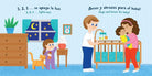 Illustration of a family in a bedroom with a baby, cat, and nightlight.