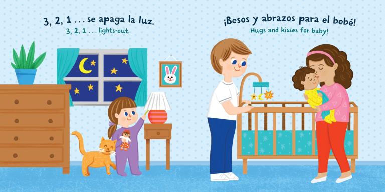 Illustration of a family in a bedroom with a baby, cat, and nightlight.