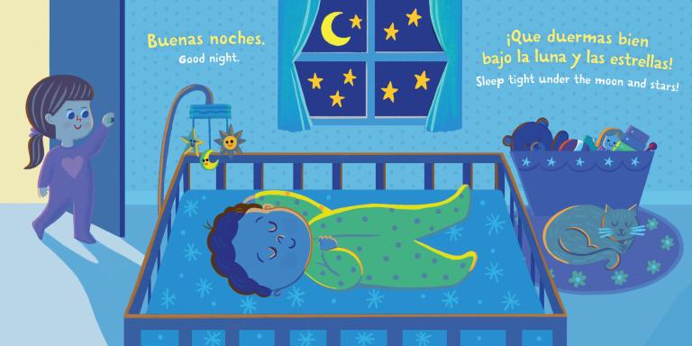 Illustration of a child sleeping in bed with a nightlight, surrounded by stars and moon, with text in Spanish and English.