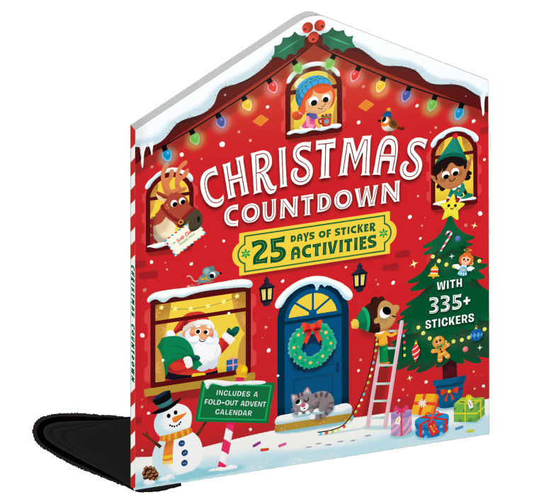 Christmas Countdown 25 Days of Sticker Activities book with a house-shaped cover, shown standing on a black surface against a white background.