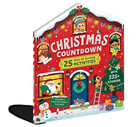 Christmas Countdown 25 Days of Sticker Activities book with a house-shaped cover, shown standing on a black surface against a white background.