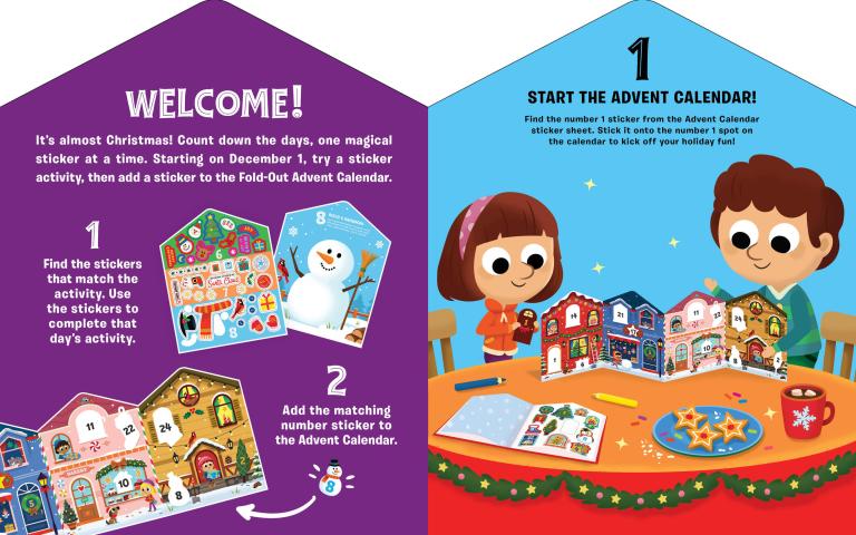 Two Christmas-themed pages with activities and stickers for an advent calendar.