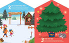 Illustrated book pages showing a Christmas tree farm and a decorated tree with children and a cat.