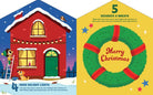 Two Christmas-themed book pages showing a snowy house and a wreath with 'Merry Christmas' text.