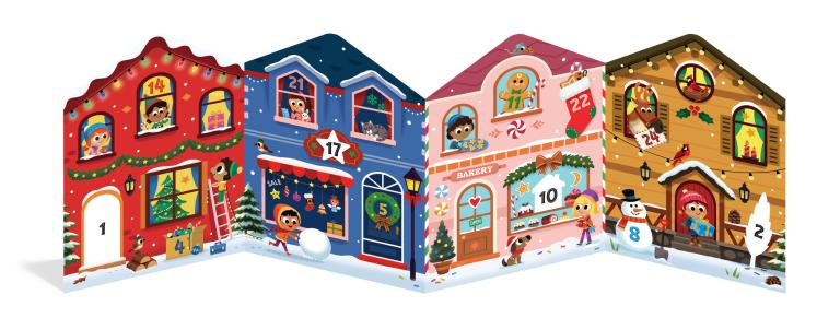 Advent calendar with colorful houses and windows, each numbered from 1 to 24.