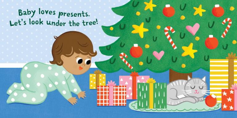 A page from a children's book showing a baby looking at Christmas presents under a tree.