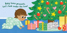 A page from a children's book showing a baby looking at Christmas presents under a tree.
