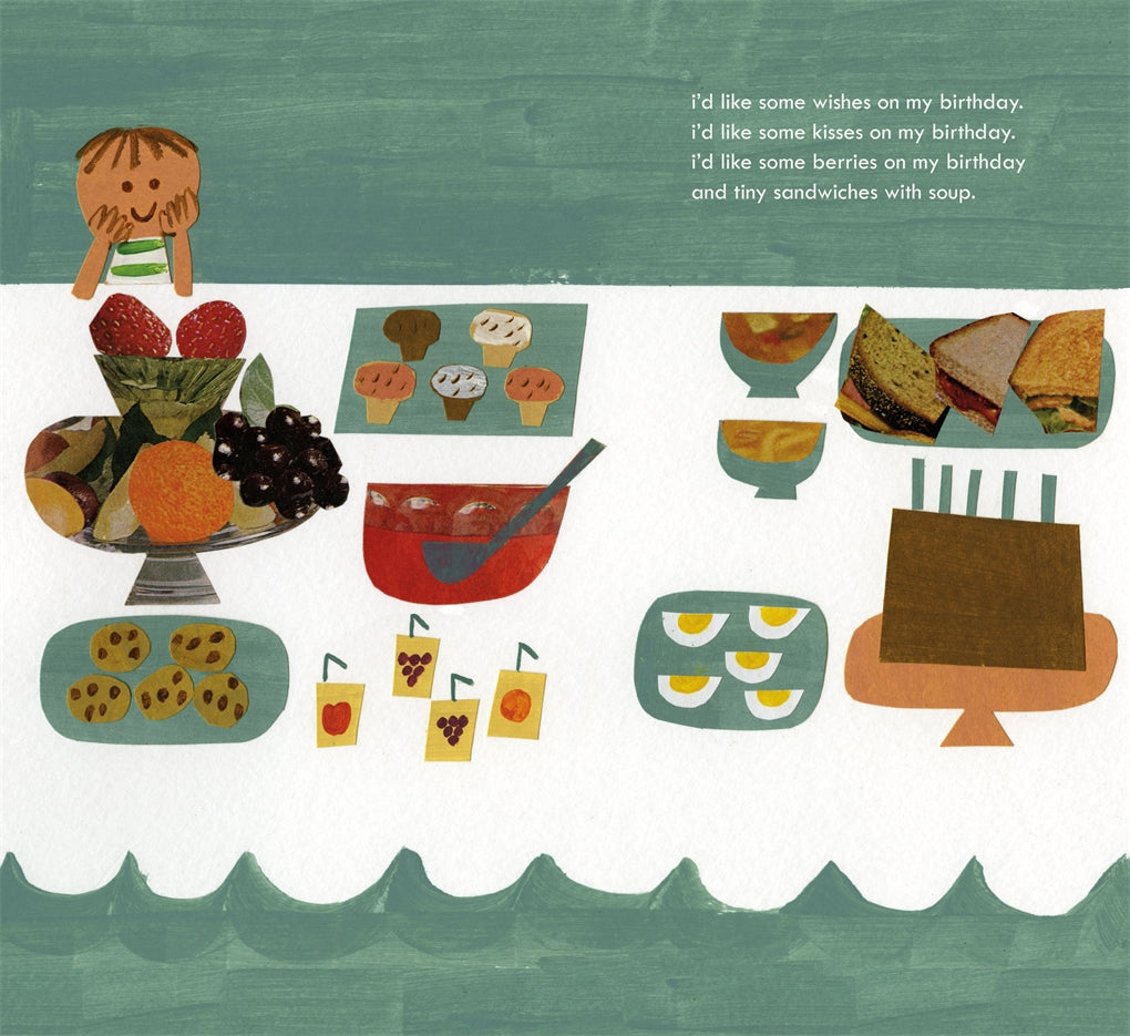 Illustration of a birthday cake with various food items and text on a green background