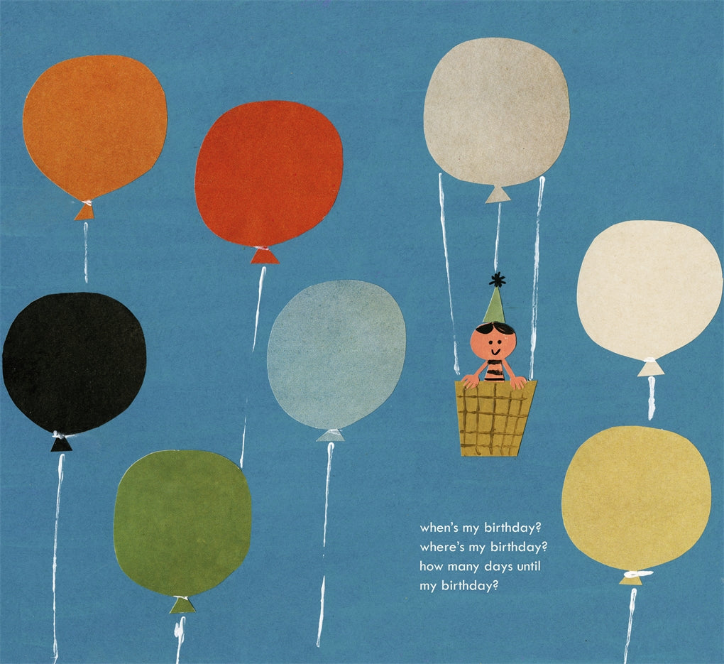 Illustration of a child in a basket surrounded by colorful balloons against a blue background.