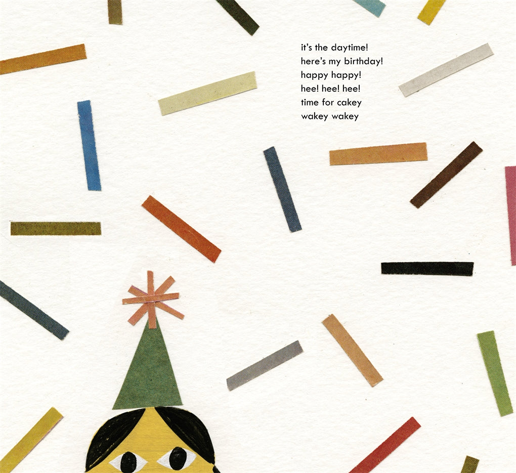 Illustration of a character wearing a party hat with colorful bars on a white background.