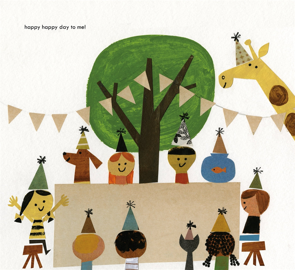 Illustration of children and animals with party hats around a tree with bunting, featuring text 'happy happy day to me!'.