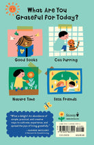 Back cover of a children's book titled "What Are You Grateful For Today?" on a light aqua background, with four illustrated panels reading Good Books, Cat Purring, Nature Time, and Best Friends. A quote by Saadise McClory appears in a blue cloud, with a Storey logo and barcode at the bottom.