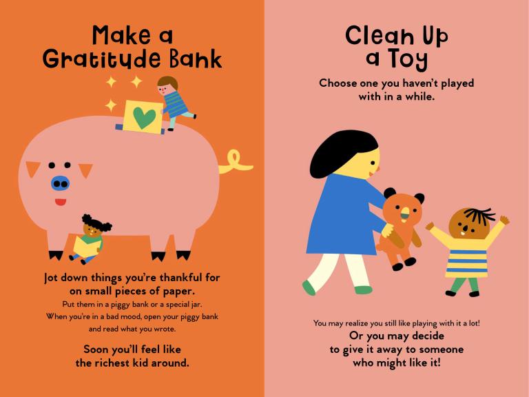 Illustrated book pages with activities for children on gratitude and cleaning toys.