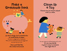Illustrated book pages with activities for children on gratitude and cleaning toys.