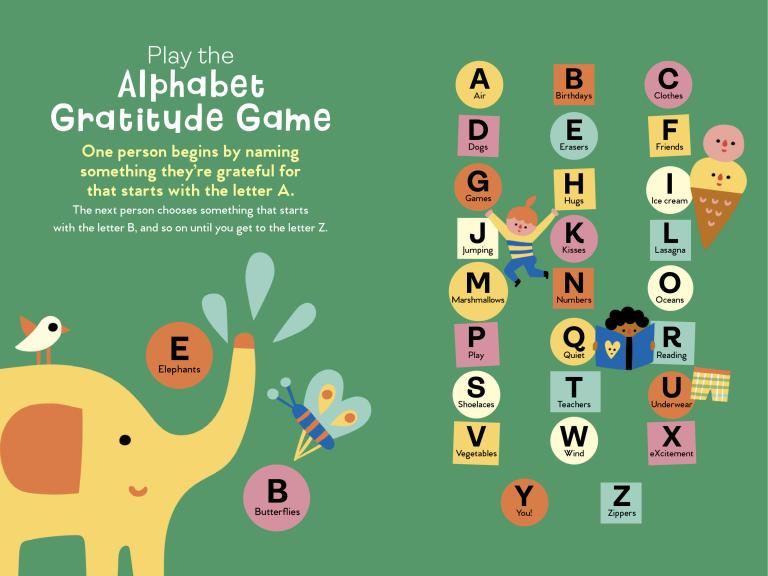 Alphabet gratitude game board with colorful letters and illustrations on a green background