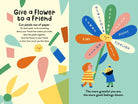 A colorful children's activity poster titled 'Give a Flower to a friend' showing a cartoon flower with children holding it.