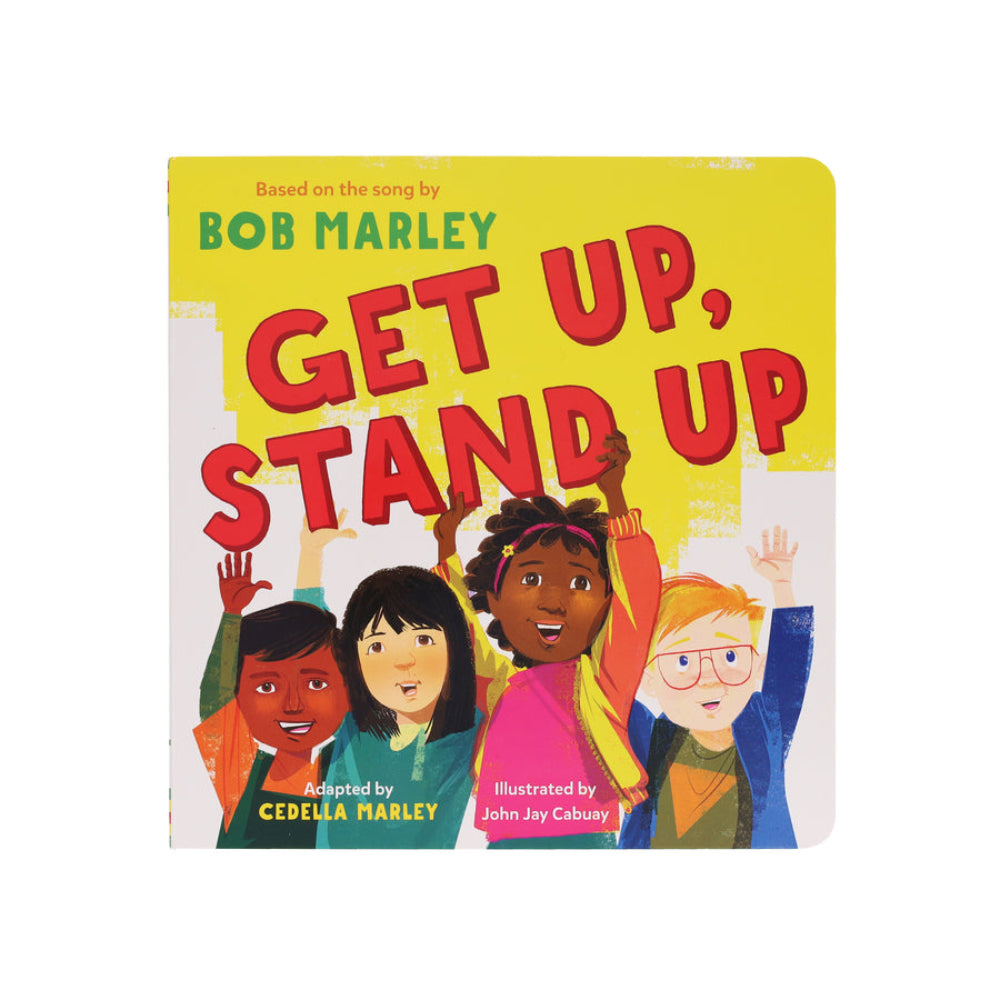 Children's book titled 'Get Up, Stand Up' by Bob Marley with colorful illustrations of children on a yellow background.